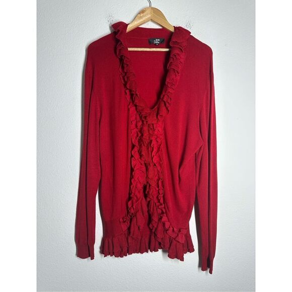 Jean Delfin Women’s Bohemian Red Rushed Trim Open Front Cardigan Sz EU T5/ XL US - Picture 3 of 16